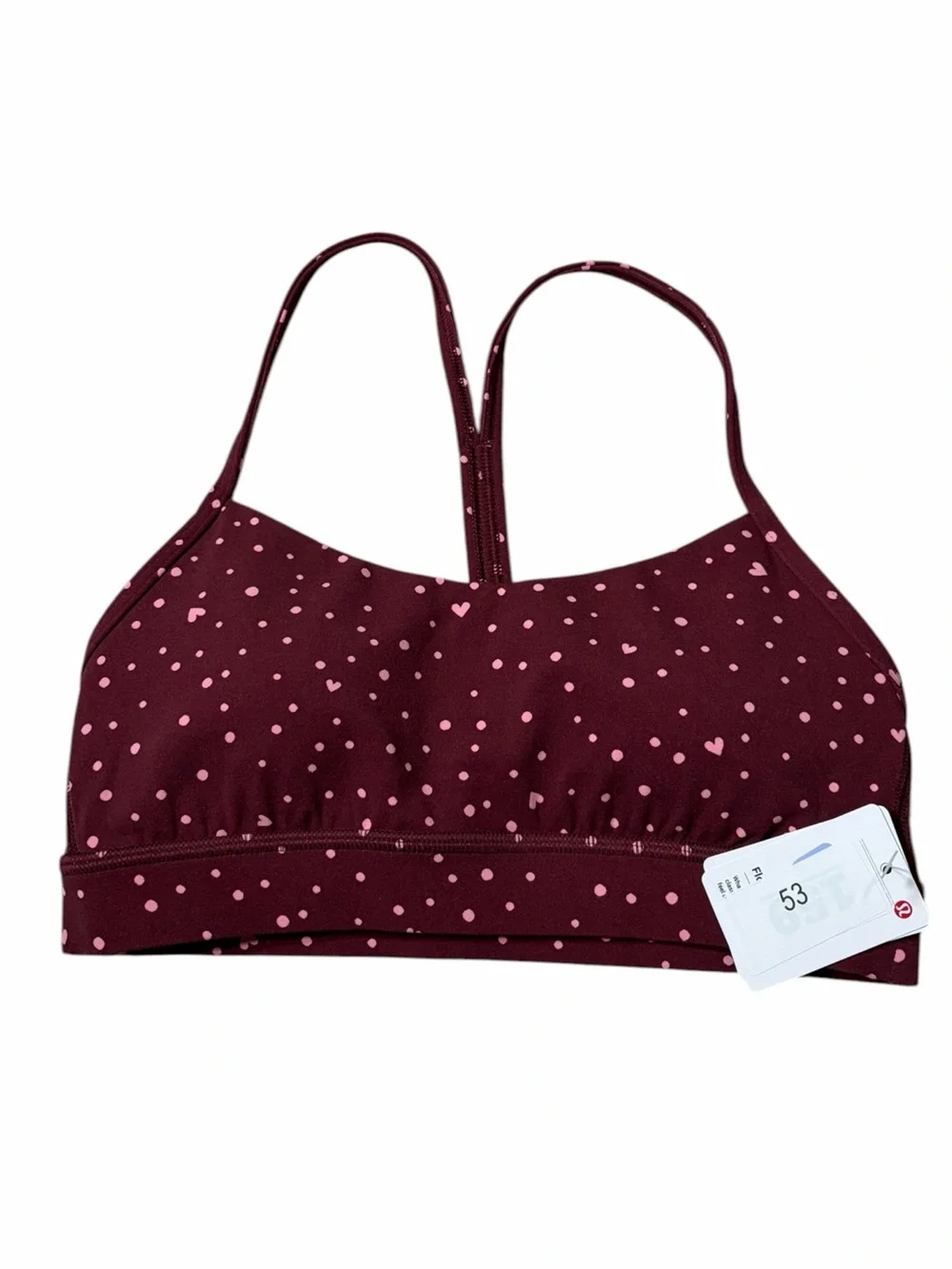 NWT Lululemon Flow Y Bra Nulu (Heart Scatter Dot Burgundy Bay/Candy Cloud) 4